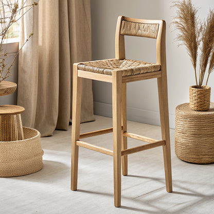 Barhocker aus Eschenholz mit Seegras-Sitz