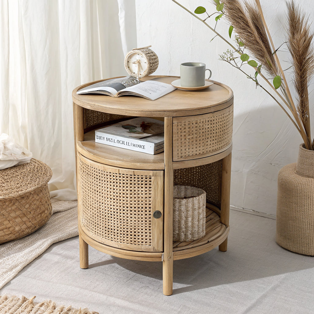 Runder Rattan-Nachttisch
