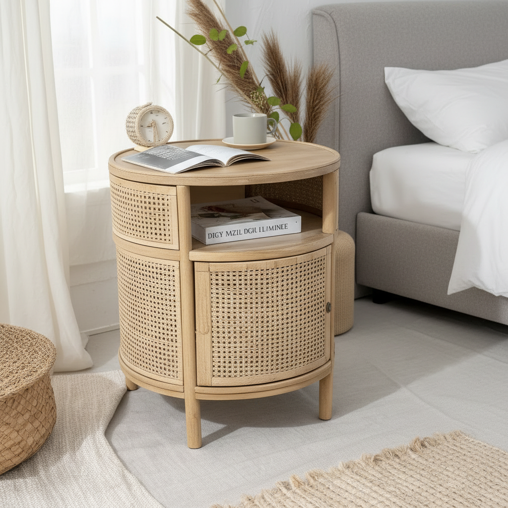 Runder Rattan-Nachttisch