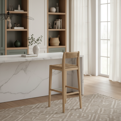 Barhocker aus Eschenholz mit Seegras-Sitz