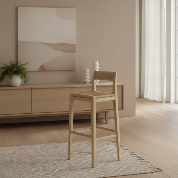 Barhocker aus Eschenholz mit Seegras-Sitz