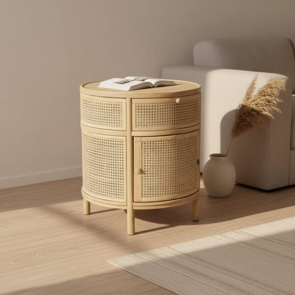 Runder Nachttisch aus Rattan