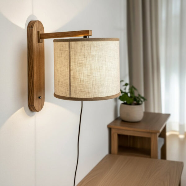 Wandleuchte aus Holz und Leinen